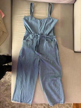 Light Blue Denim Jumpsuit with Tie Waist